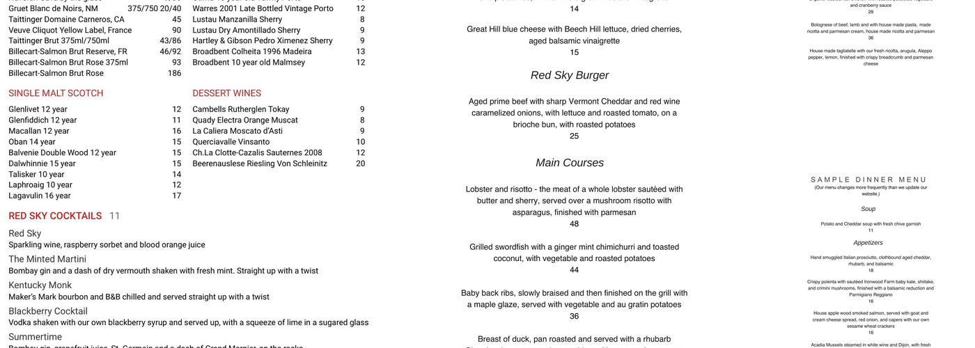 Red Sky Restaurant Menu