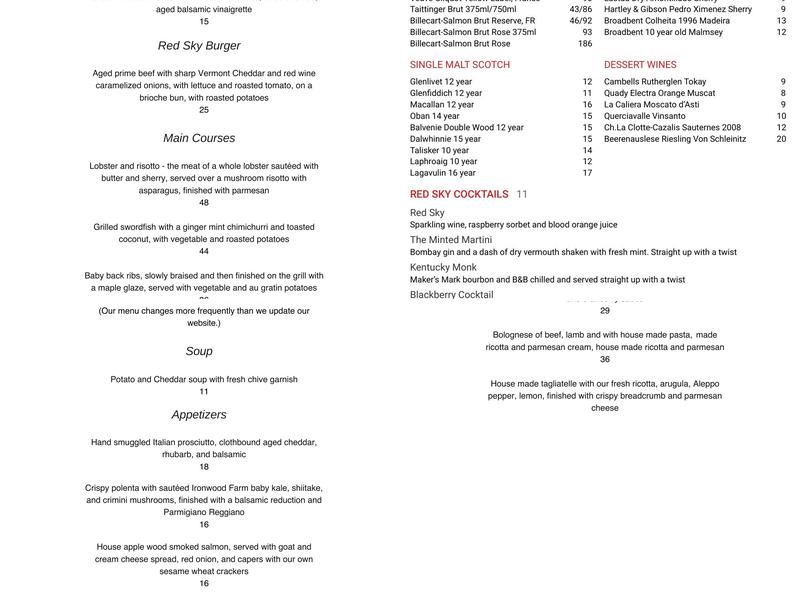 Red Sky Restaurant Menu