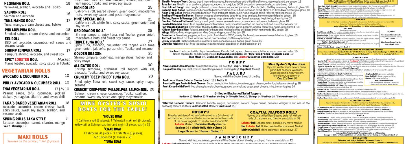 Mine Oyster Menu
