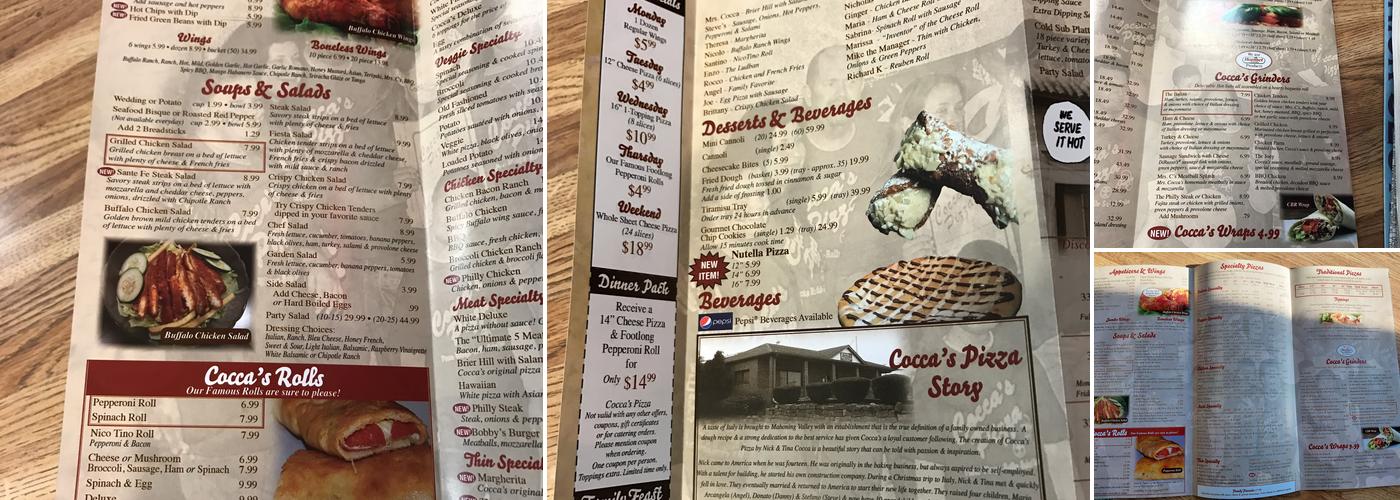 Cocca's Pizza Menu