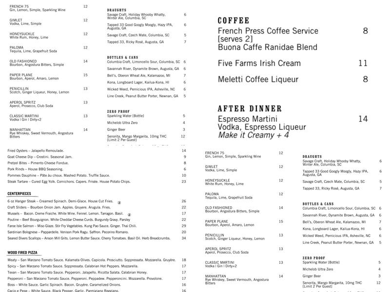 Craft & Vine Menu