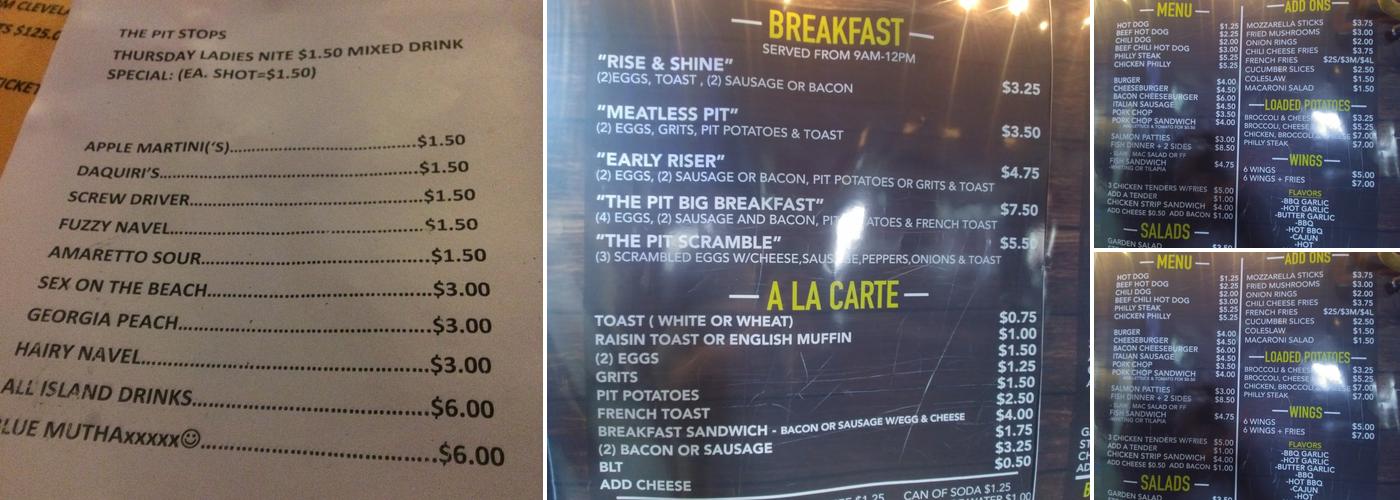 Pit Stop Cafe Menu