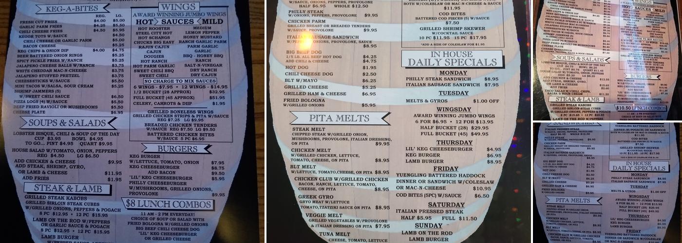 Keg Bar and Grille Menu