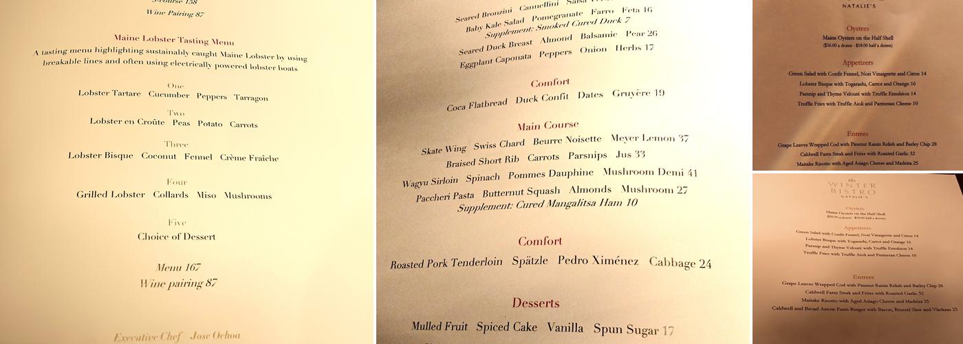 Natalie's Restaurant - Relais and Chateaux Menu