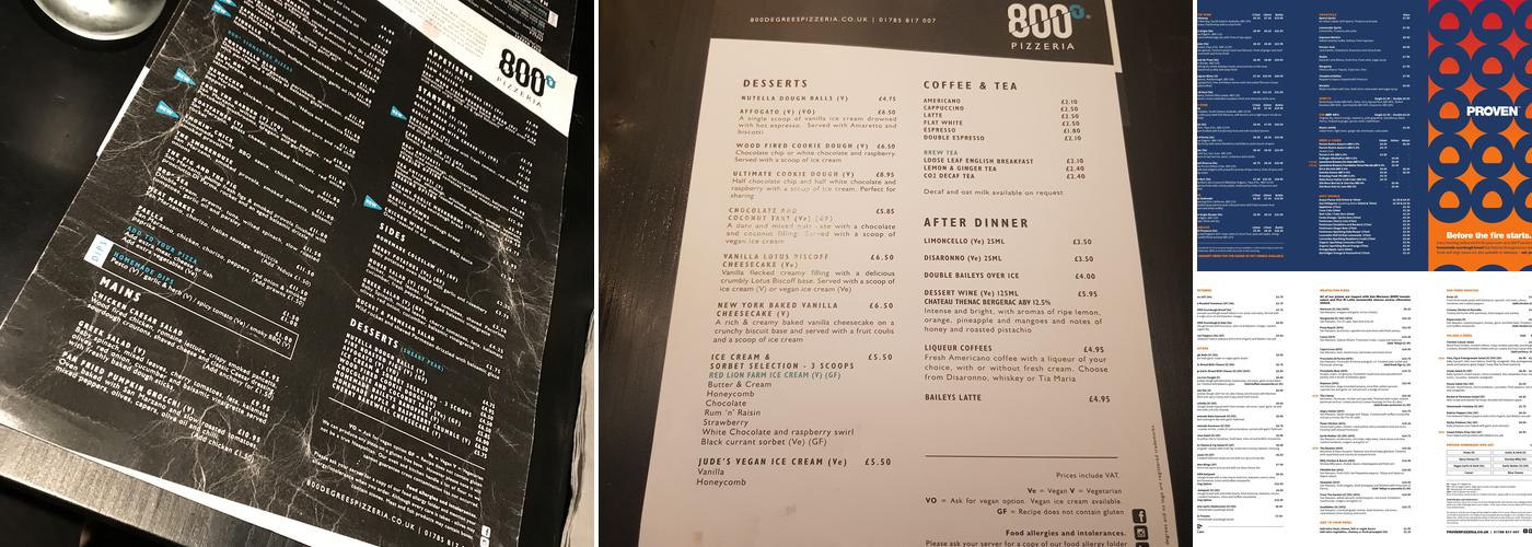 Proven Pizzeria Menu