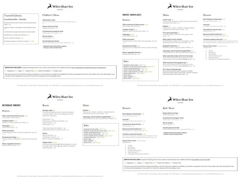 The White Hart Inn, Hawes Menu