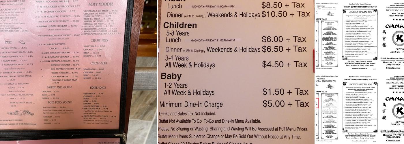 China Ko Restaurant - Houston Menu