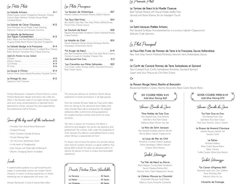 Artisans Menu