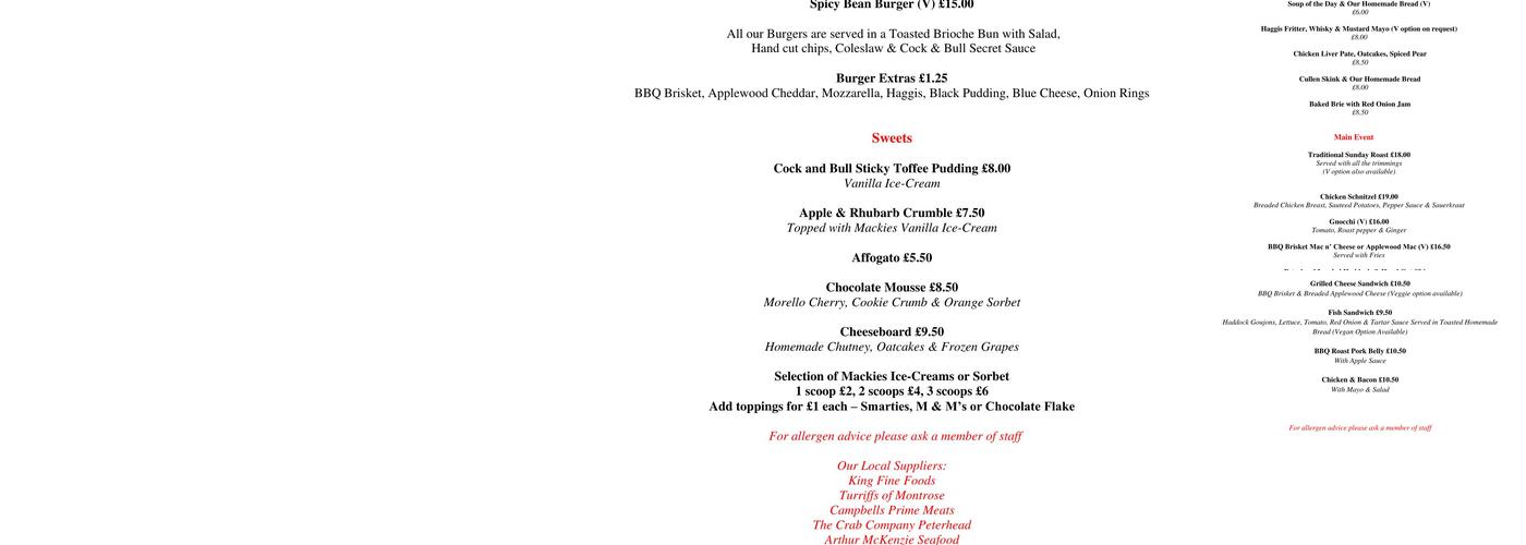 The Cock & Bull Menu