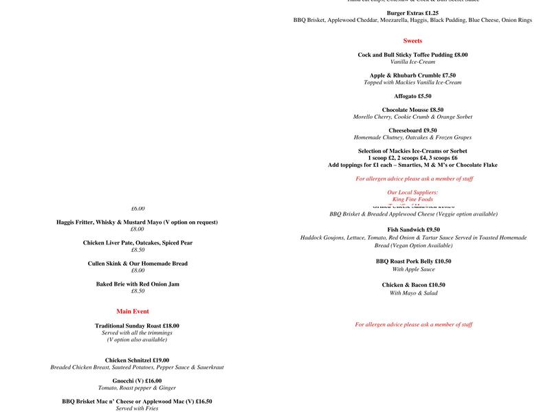 The Cock & Bull Menu