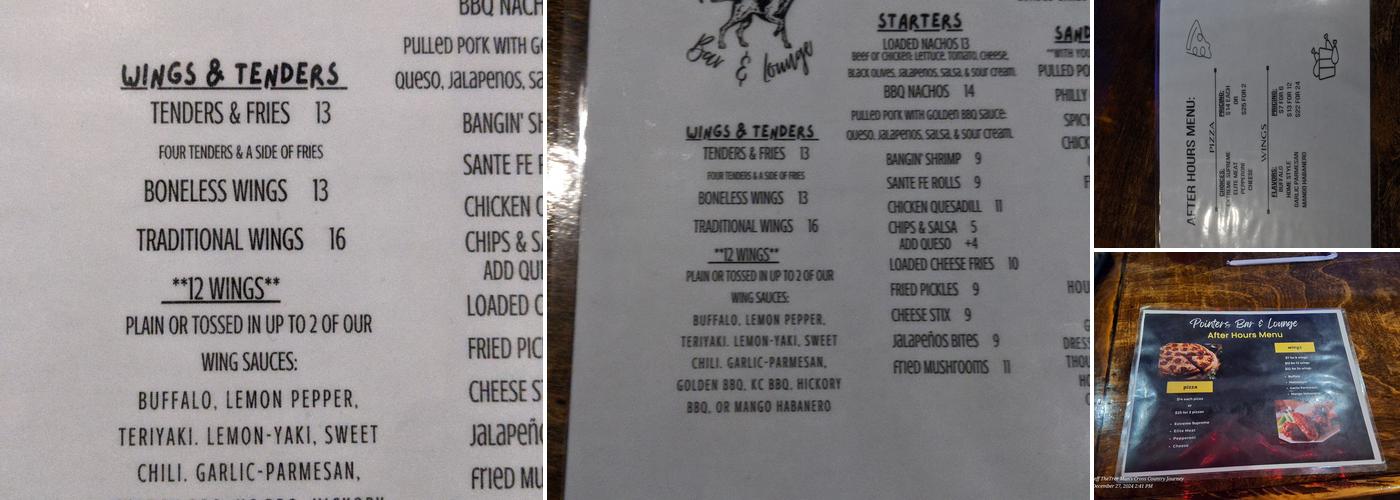 Pointers Bar and Lounge Menu