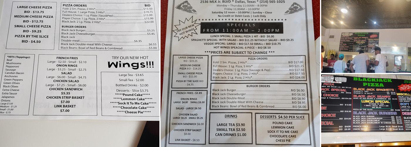 Blackjack Pizza Menu