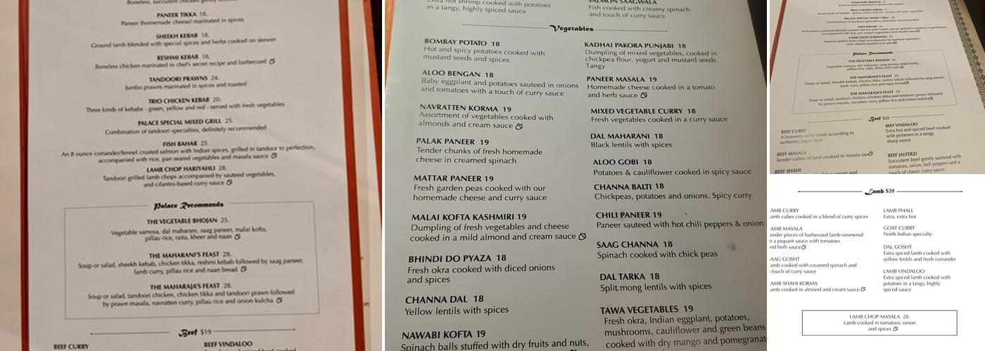 India Palace Menu