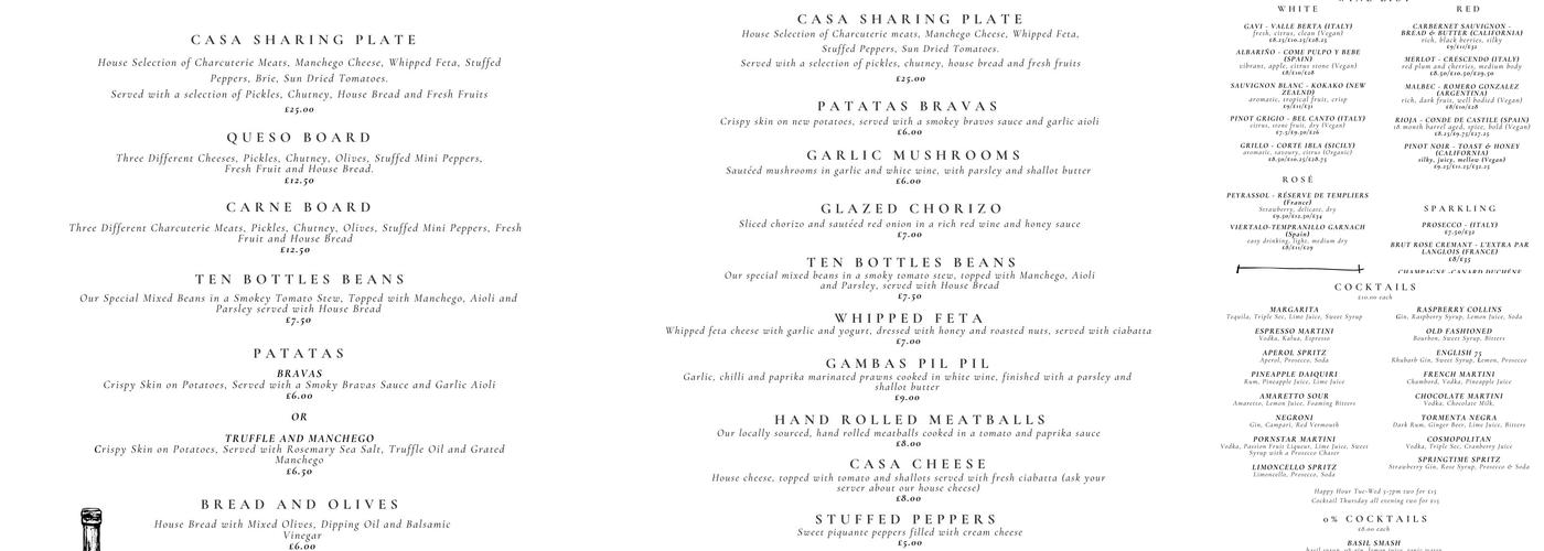 Ten Bottles - Wine Bar Menu