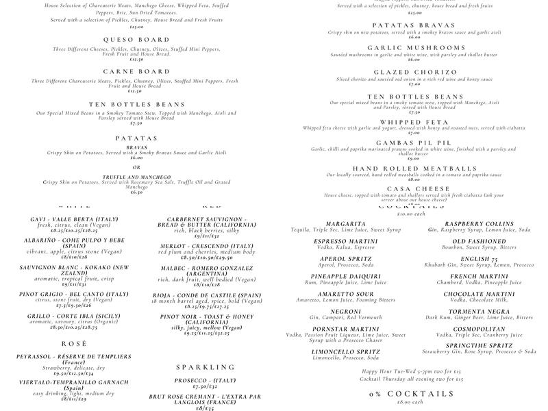 Ten Bottles - Wine Bar Menu