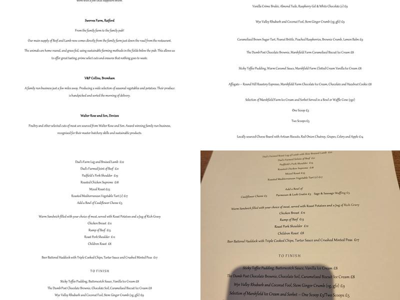 The Dumb Post Inn Menu