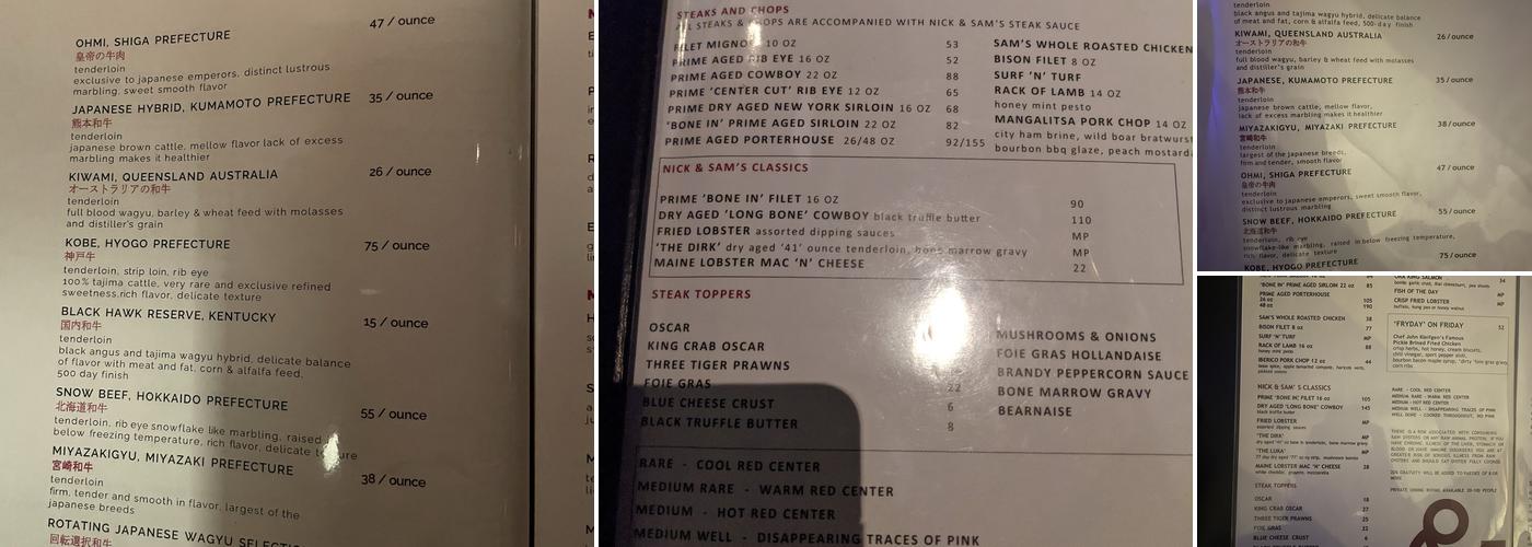 Nick & Sam's Menu