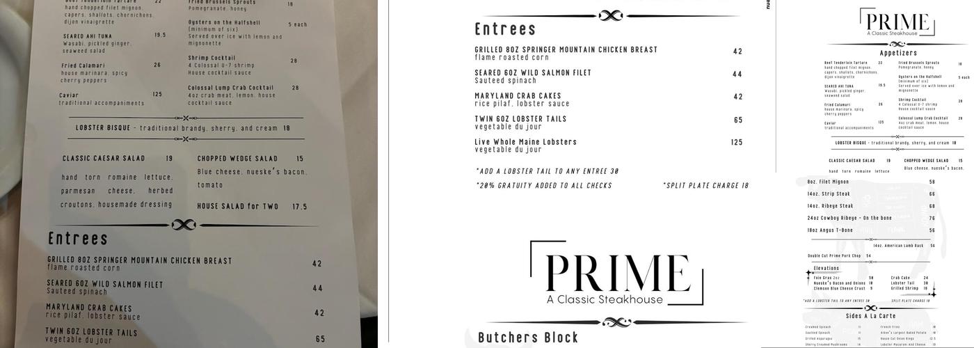 Prime Steakhouse Menu