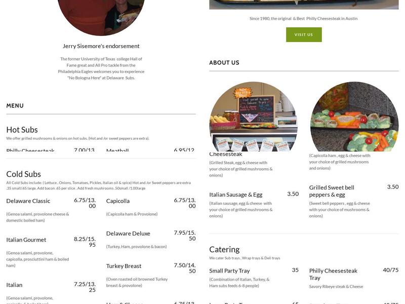 Delaware Sub Shop Menu