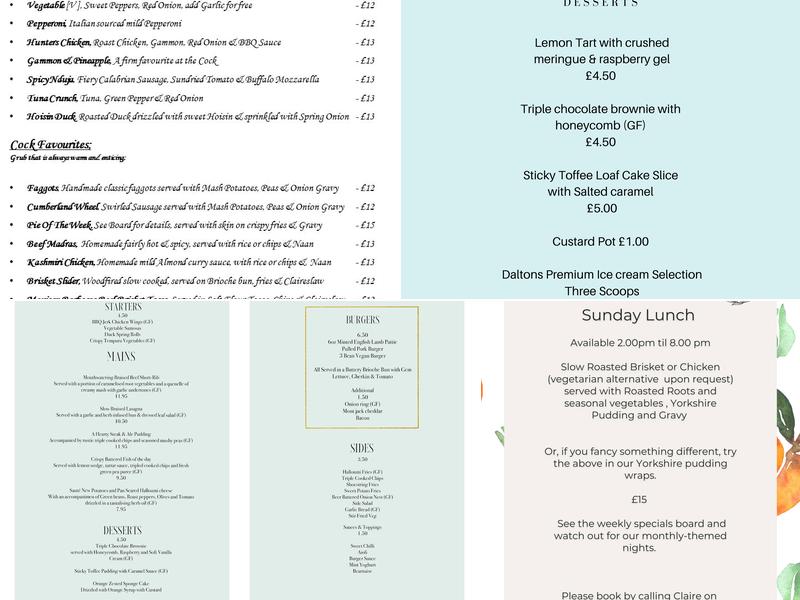 The Cock At Stowe Menu