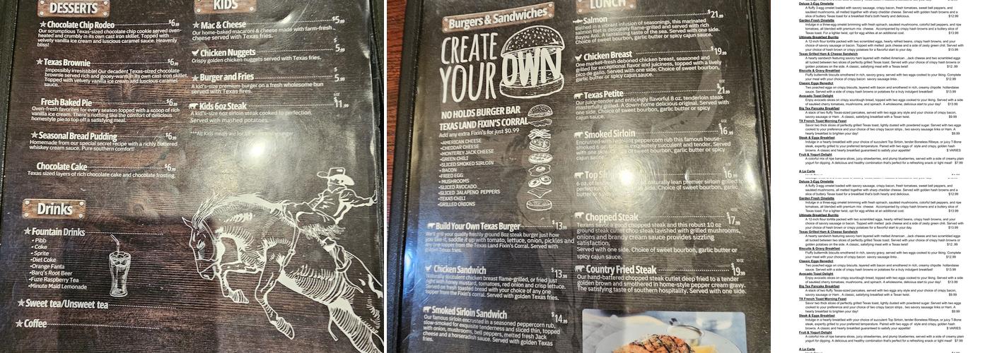 Texas Land & Cattle Menu