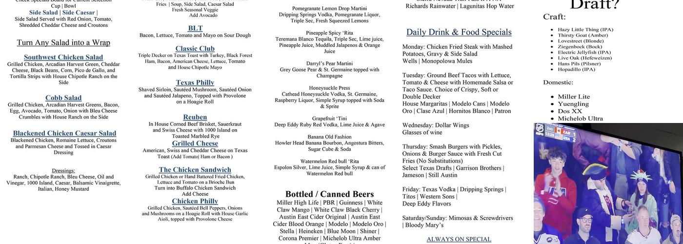 Backspin Texas Sports Bar & Grill Menu