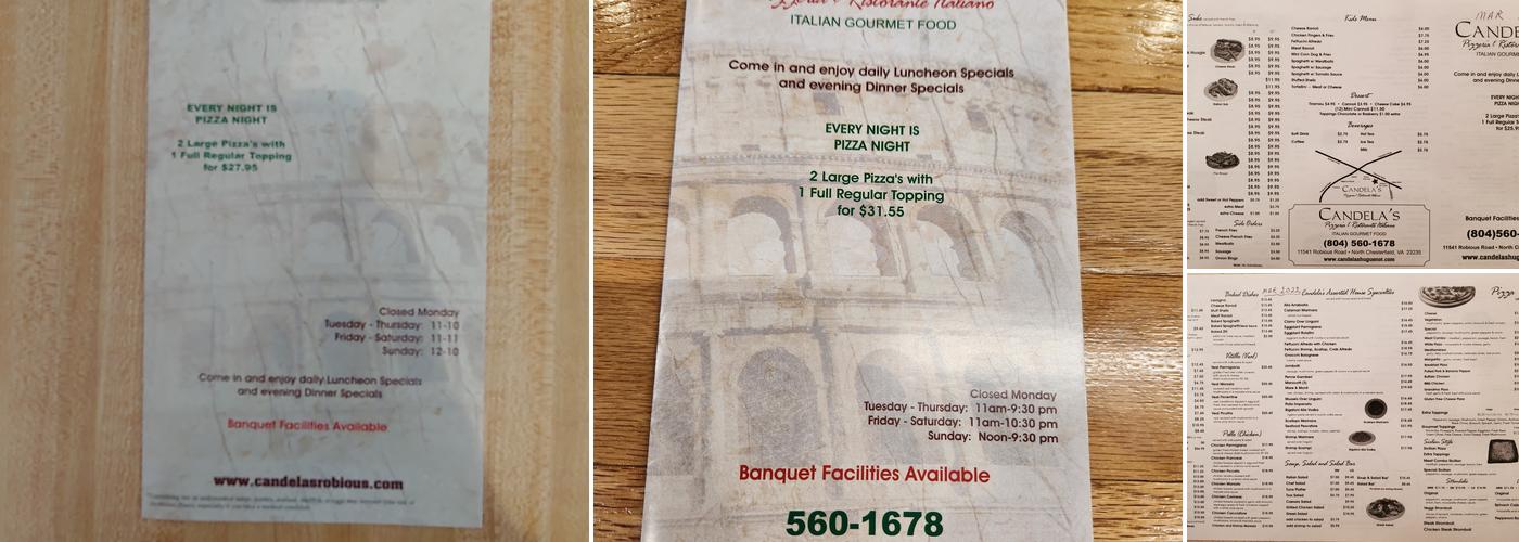 Candela's Pizzeria & Ristorante Italiano Menu