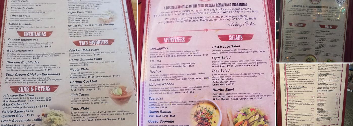 Tia's On The Bluff Menu