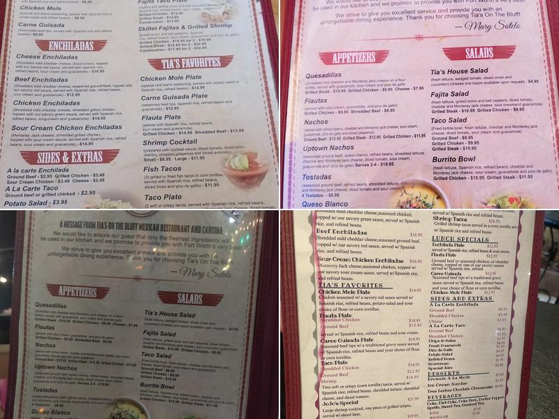Tia's On The Bluff Menu
