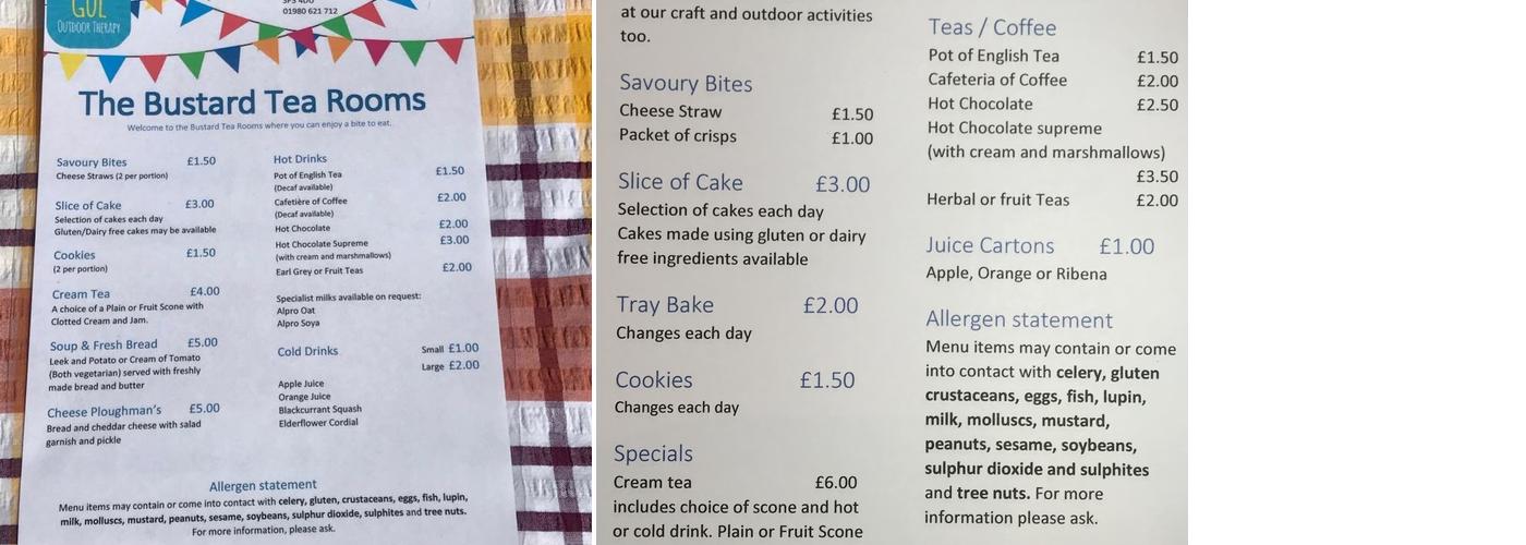The Bustard Inn Tea Rooms Menu