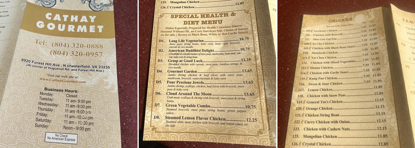 Cathay Gourmet Chinese Restaurant Menu