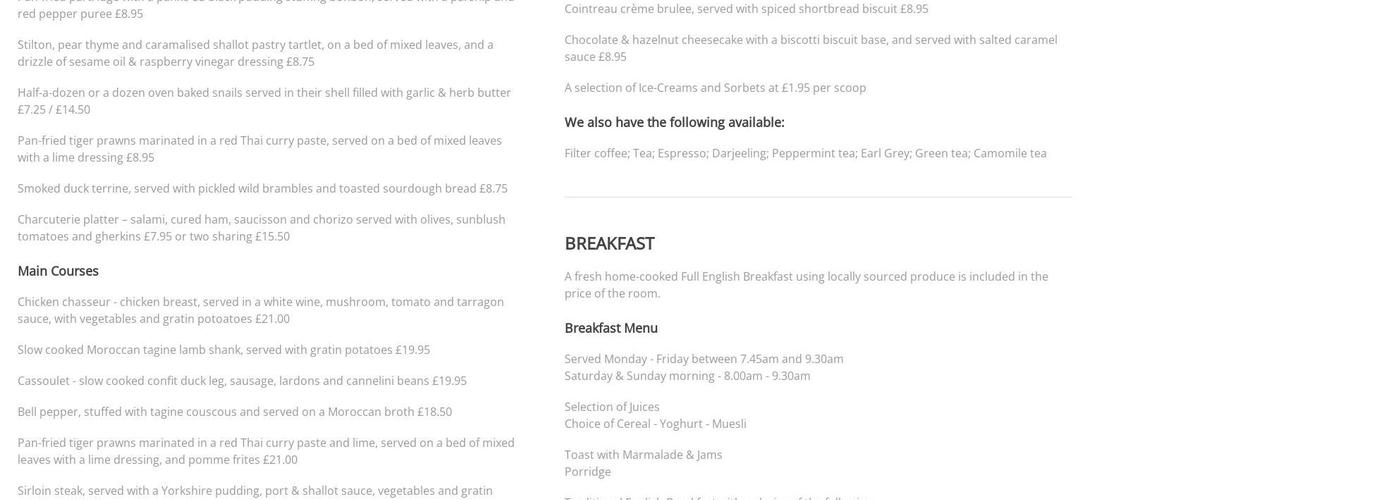 Rollestone Manor B&B and Restaurant Menu