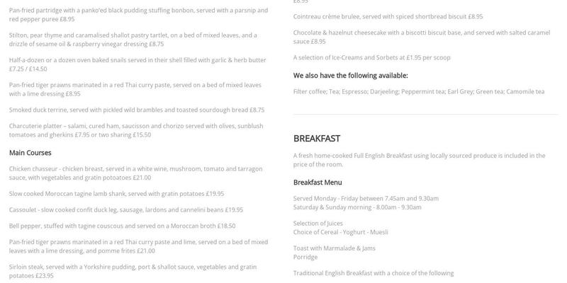 Rollestone Manor B&B and Restaurant Menu