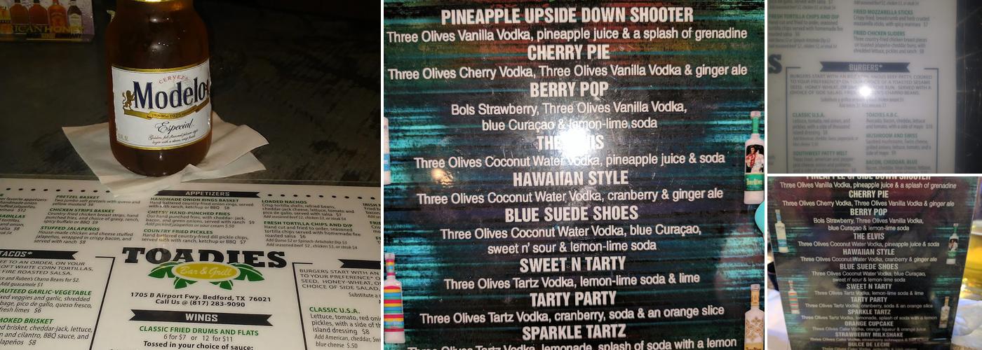 Toadies Bar and Grill Menu