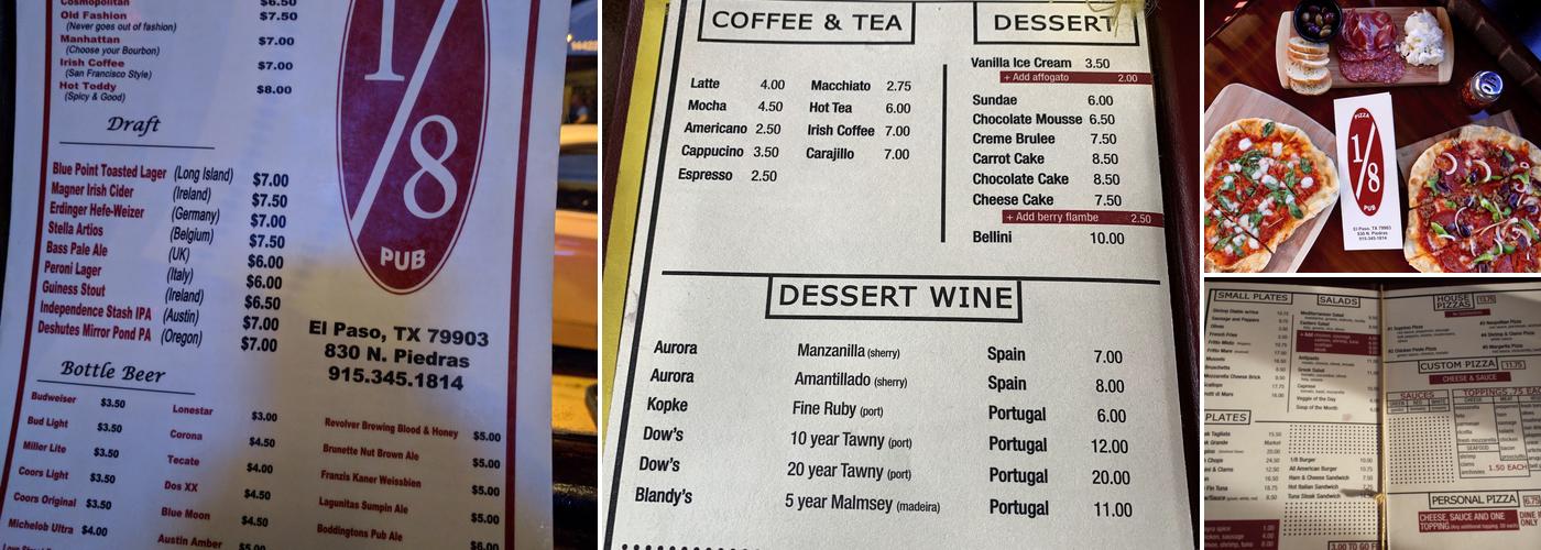 1/8 Pizza Pub Menu