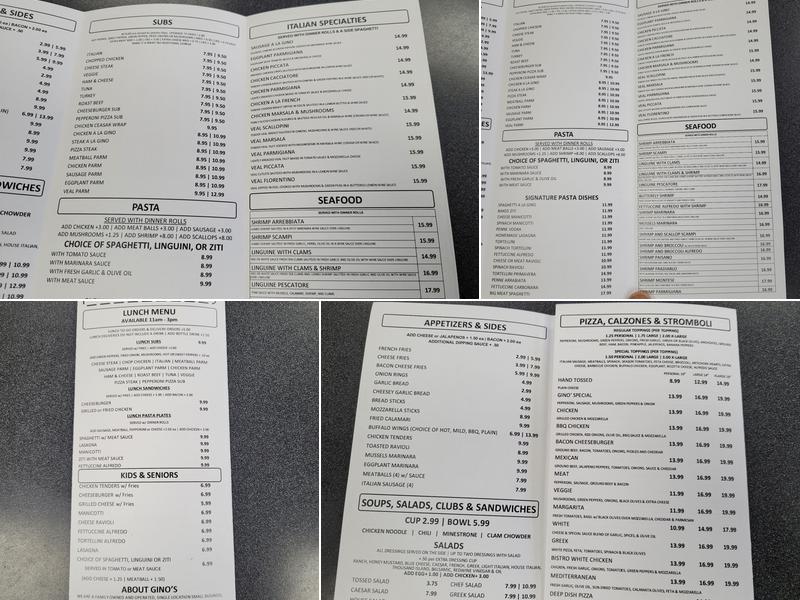Gino's Ristorante Pizzeria Menu