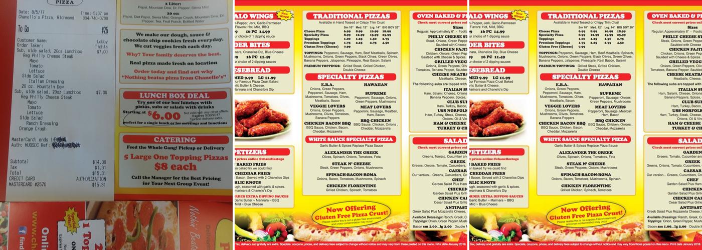 Chanello's Pizza Menu