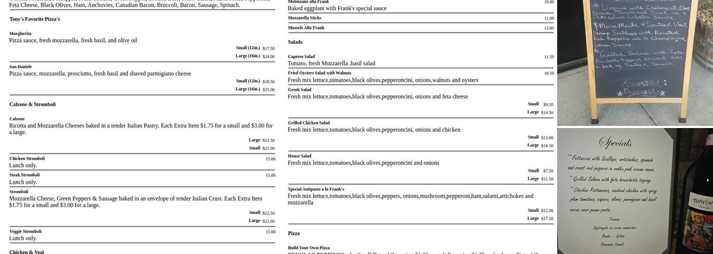 Frank's West Italian Restaurant & Pizzeria Menu