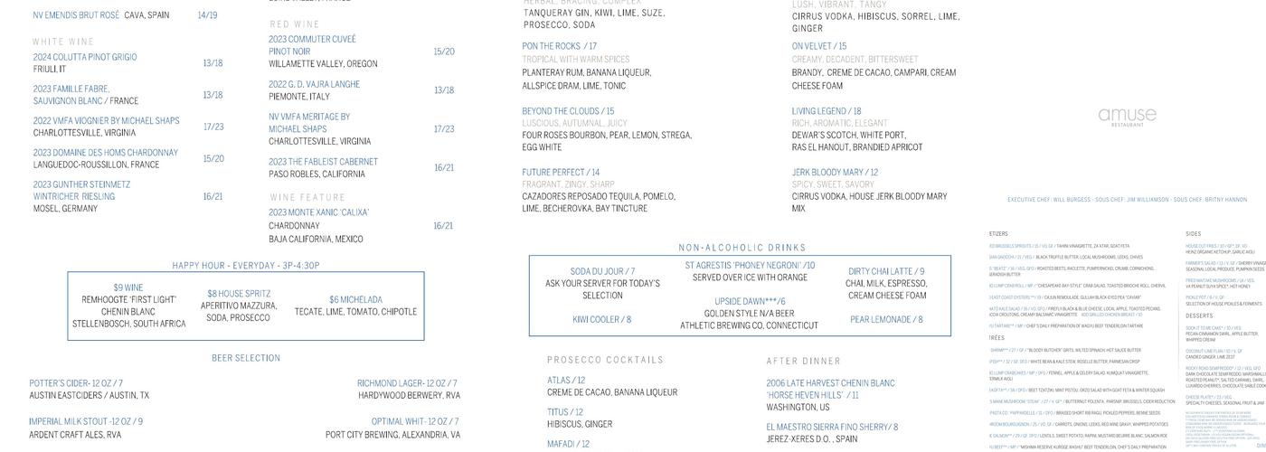 Amuse Restaurant VMFA Menu