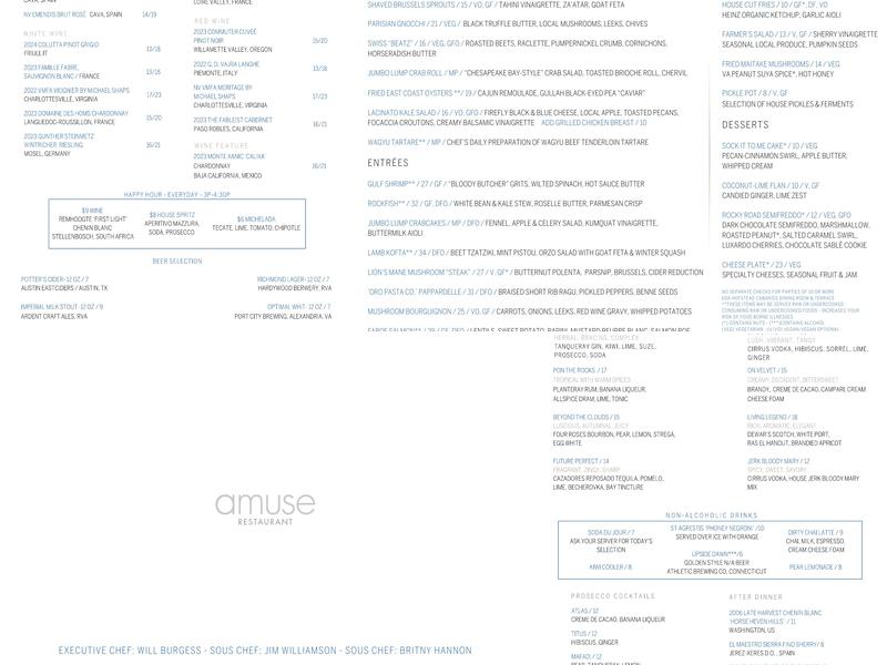 Amuse Restaurant VMFA Menu
