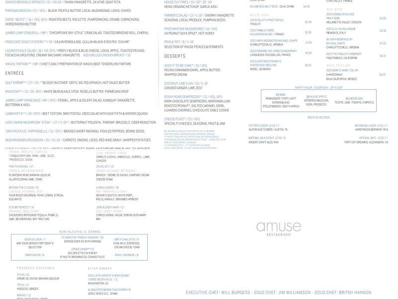 Amuse Restaurant VMFA Menu