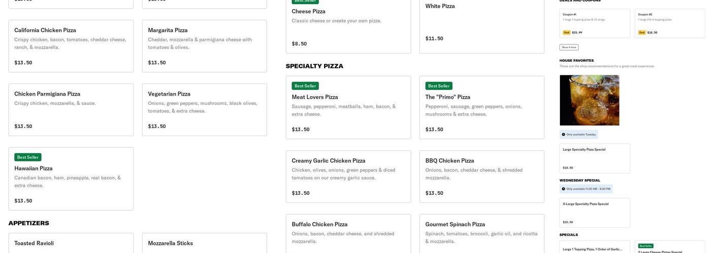 Primo Pizza Menu