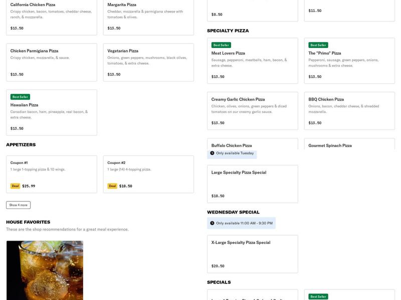 Primo Pizza Menu