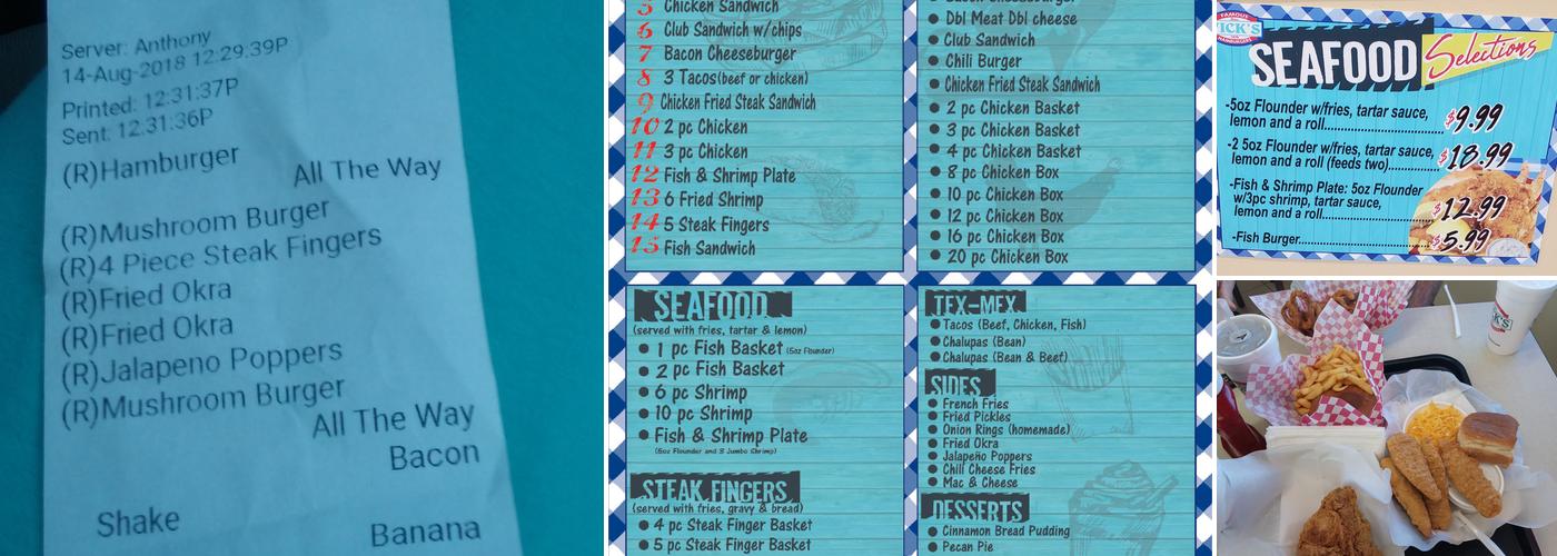 Vick's Famous Hamburgers Menu