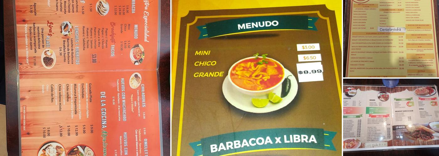 Lira's Restaurant Menu