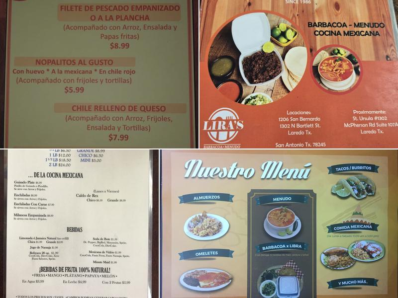 Lira's Restaurant Bartlett Menu