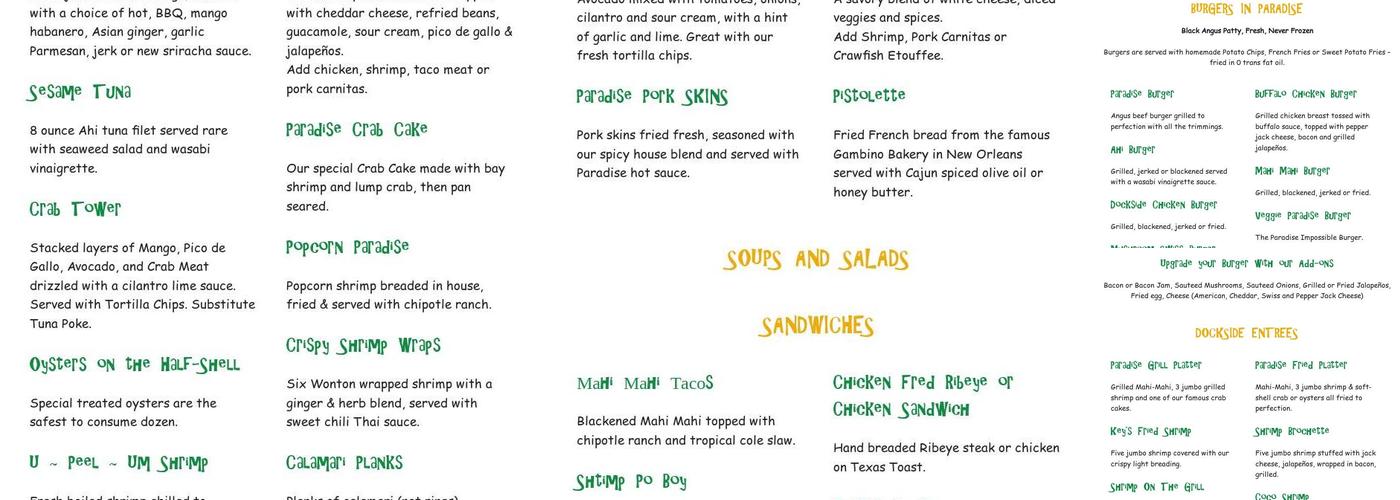 Paradise Key Dockside Bar & Grill Menu