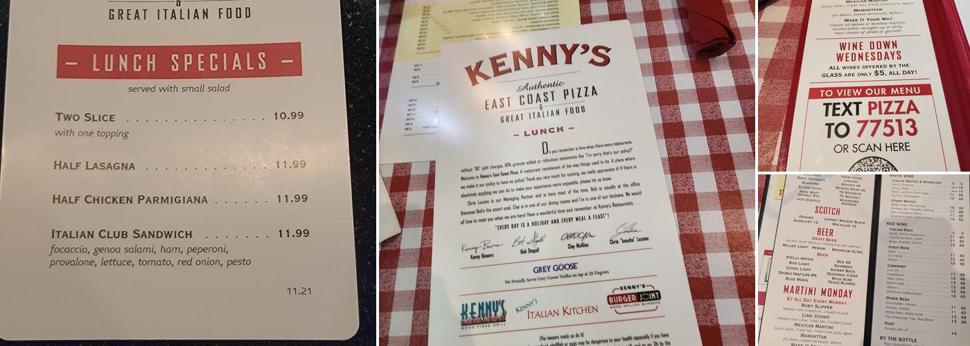 Kenny's East Coast Pizza & Great Italian Food Menu