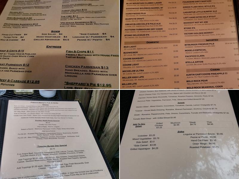 Patrick Henry's Pub & Grille Menu