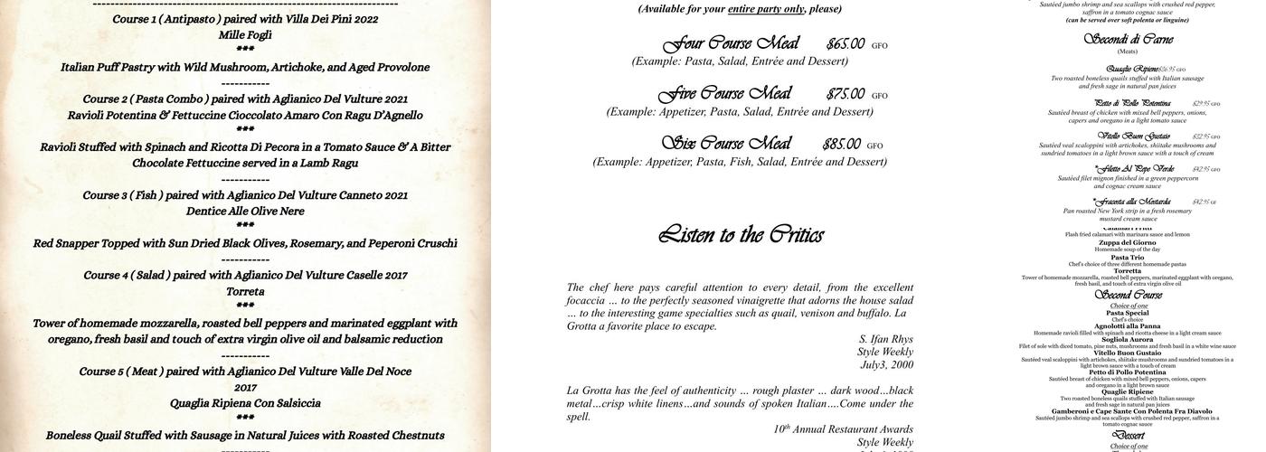 La Grotta Ristorante Menu
